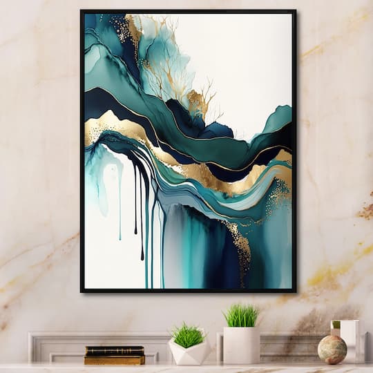 Designart 'Teal And Gold Abstract Expression IV' Modern Framed Canvas Wall Art